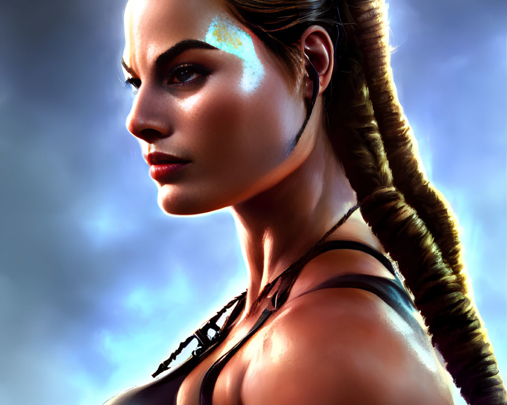 Portrait of woman with braid and war paint, against blue background