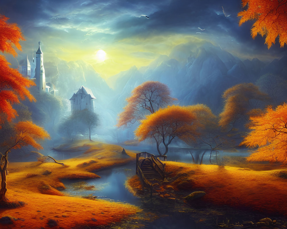 Fantasy landscape with castle, orange trees, river, mountains, and sunset