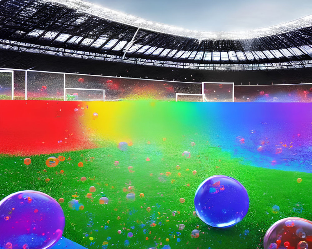 Digitally altered image of colorful soccer stadium with rainbow field and floating bubbles