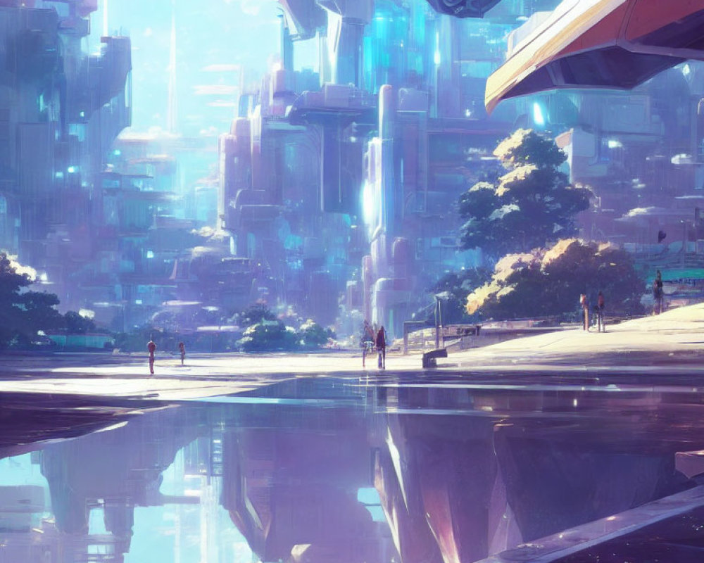 Futuristic cityscape with towering buildings and reflective surfaces