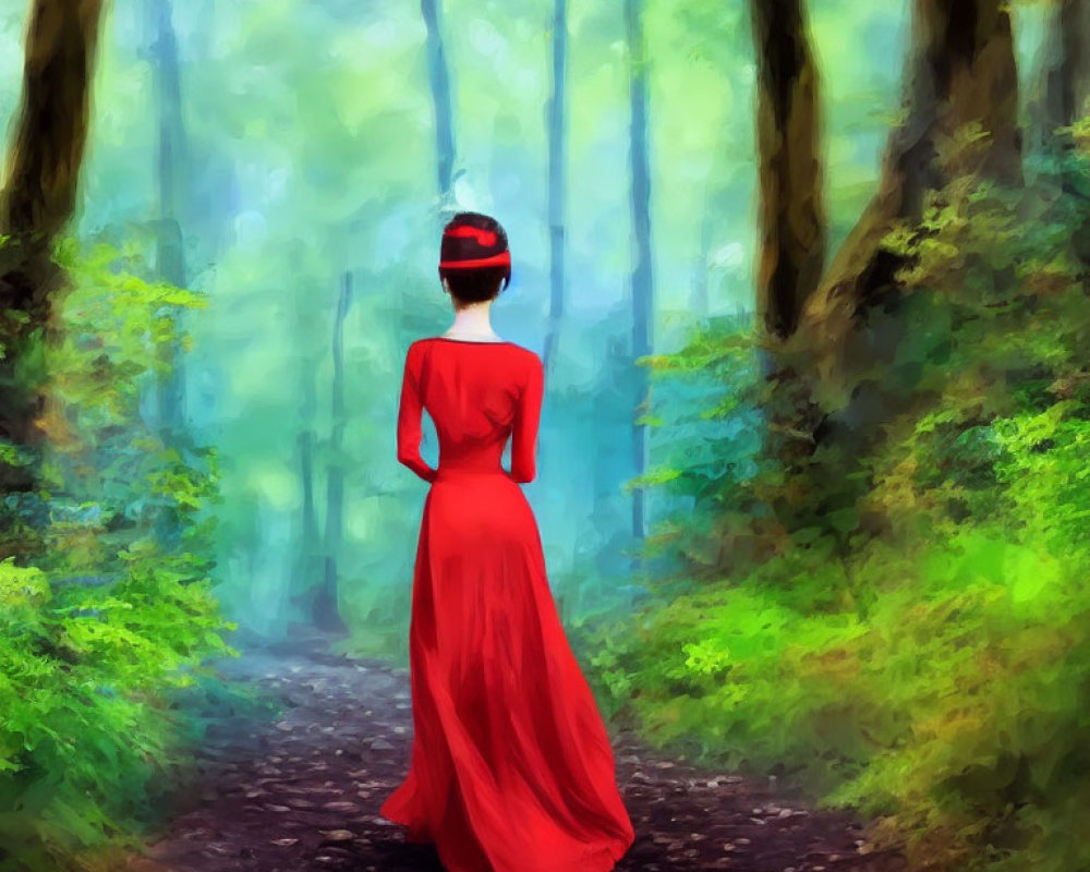 Woman in Red Dress Standing in Misty Forest Pathway