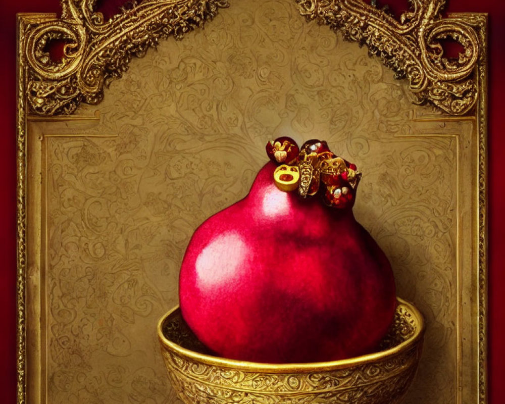 Vivid red pomegranate on golden bowl with ornate frame