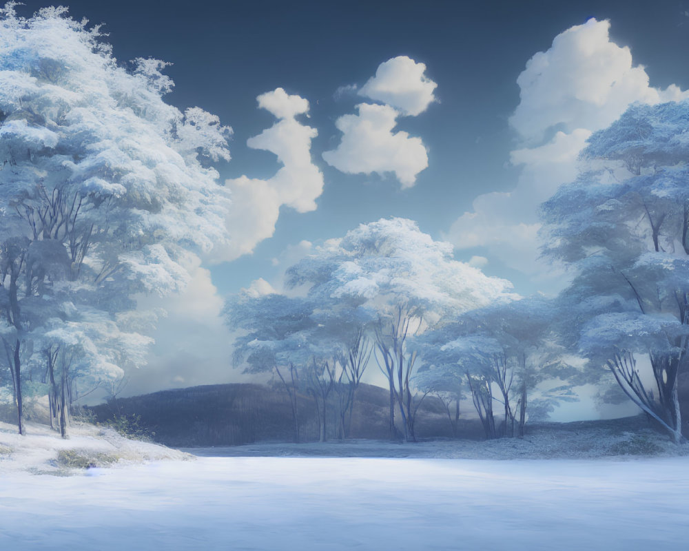 Snowy Landscape with Frosted Trees in Ethereal Winter Scene