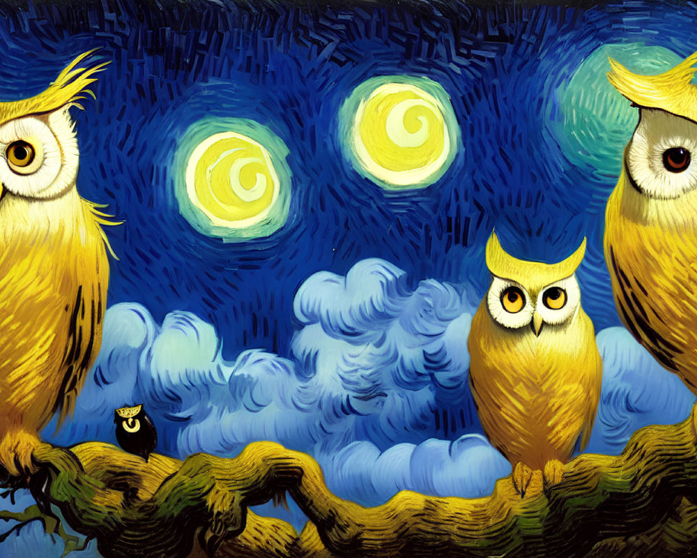 Three expressive-eyed cartoon owls on branch under starry night sky