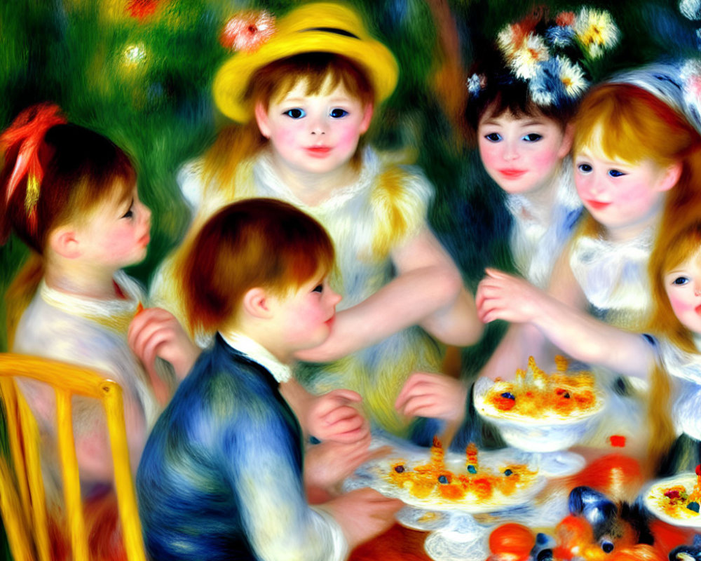 Children at outdoor table with fruit and desserts in impressionist style.