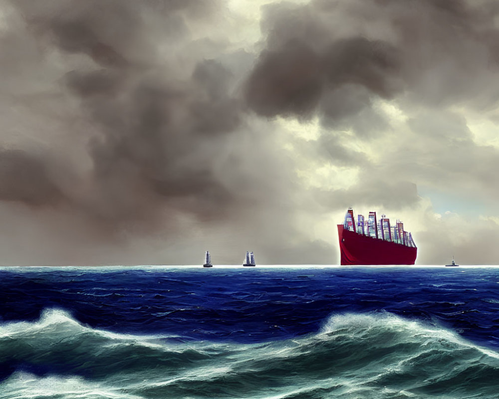 Cargo ship and smaller vessels in turbulent seas under stormy sky