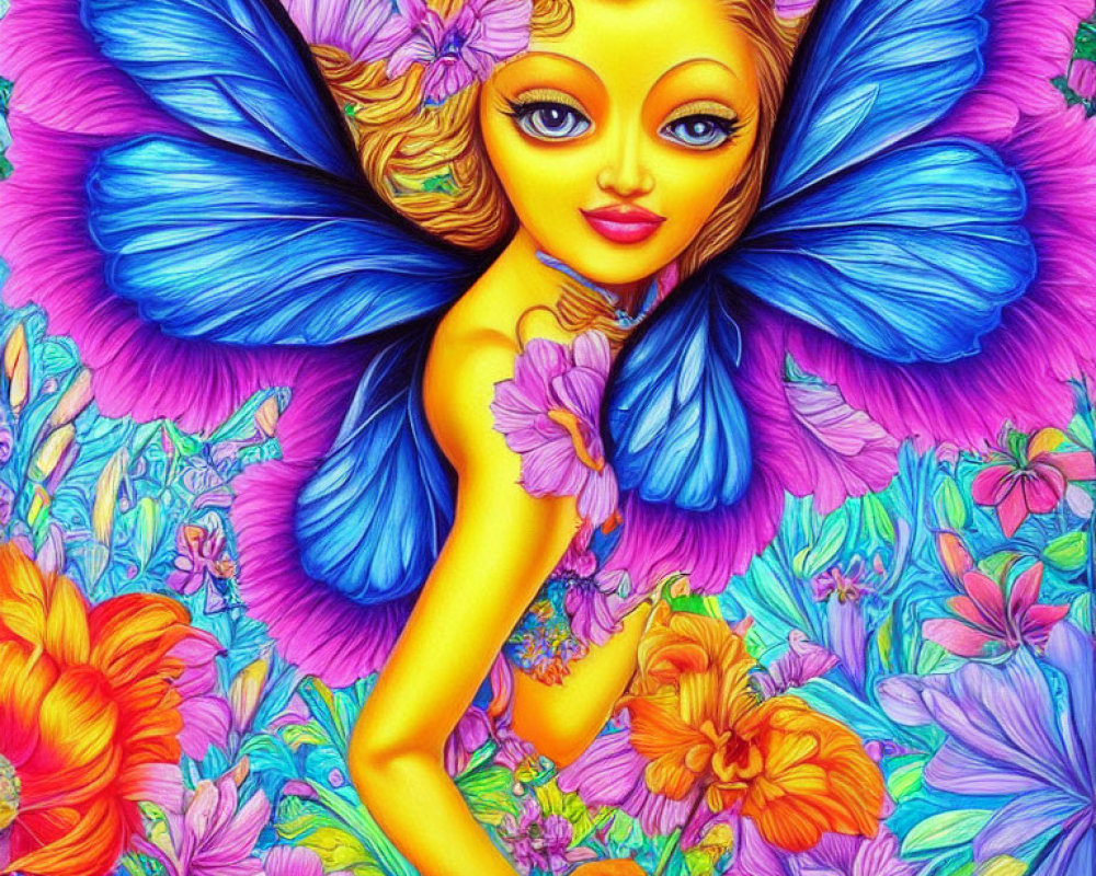 Colorful fairy illustration with blue butterfly wings and flowers.