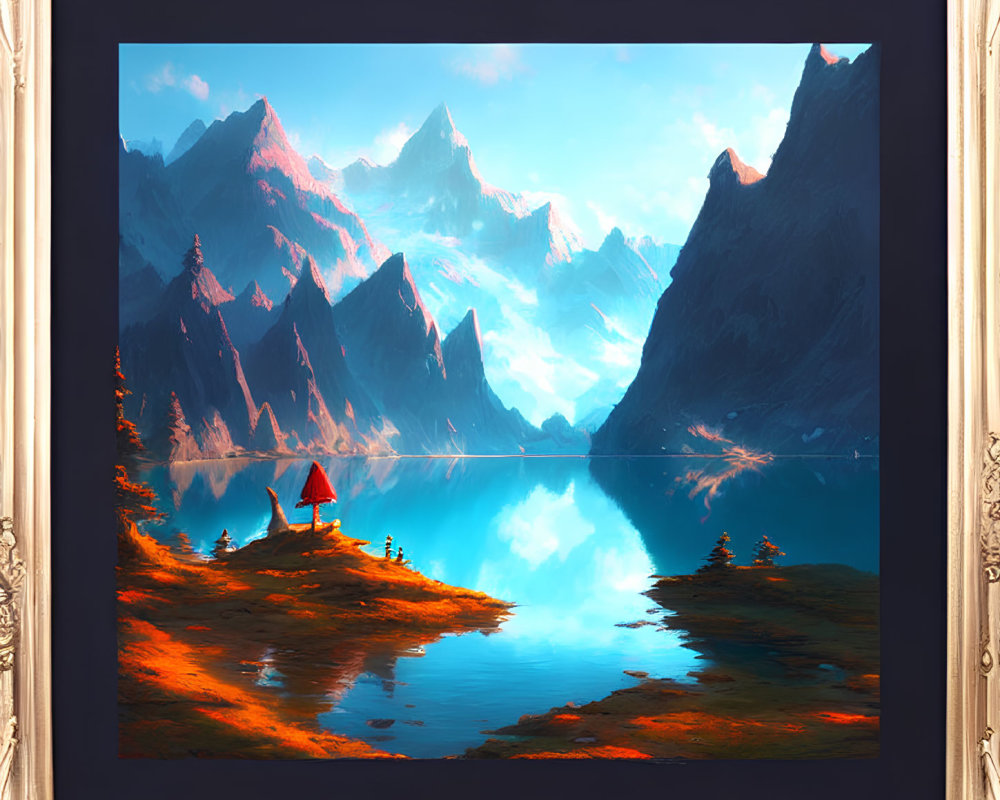 Framed digital painting of serene mountain landscape with reflective lake