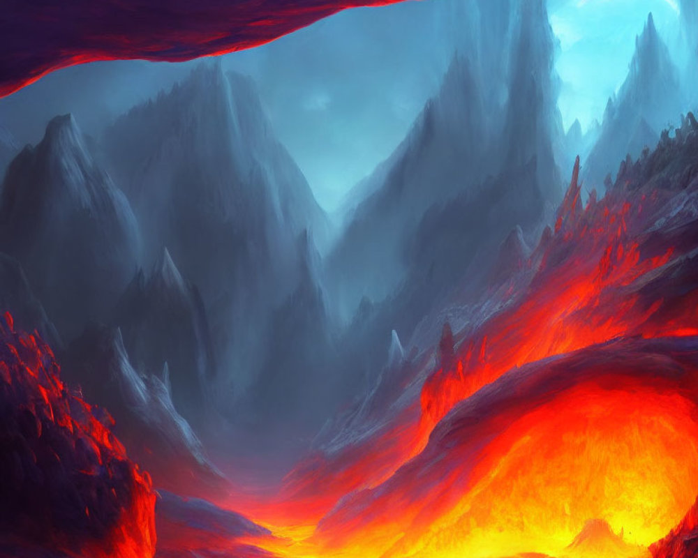 Vivid landscape with fiery lava flows, dark mountains, red and blue twilight sky.