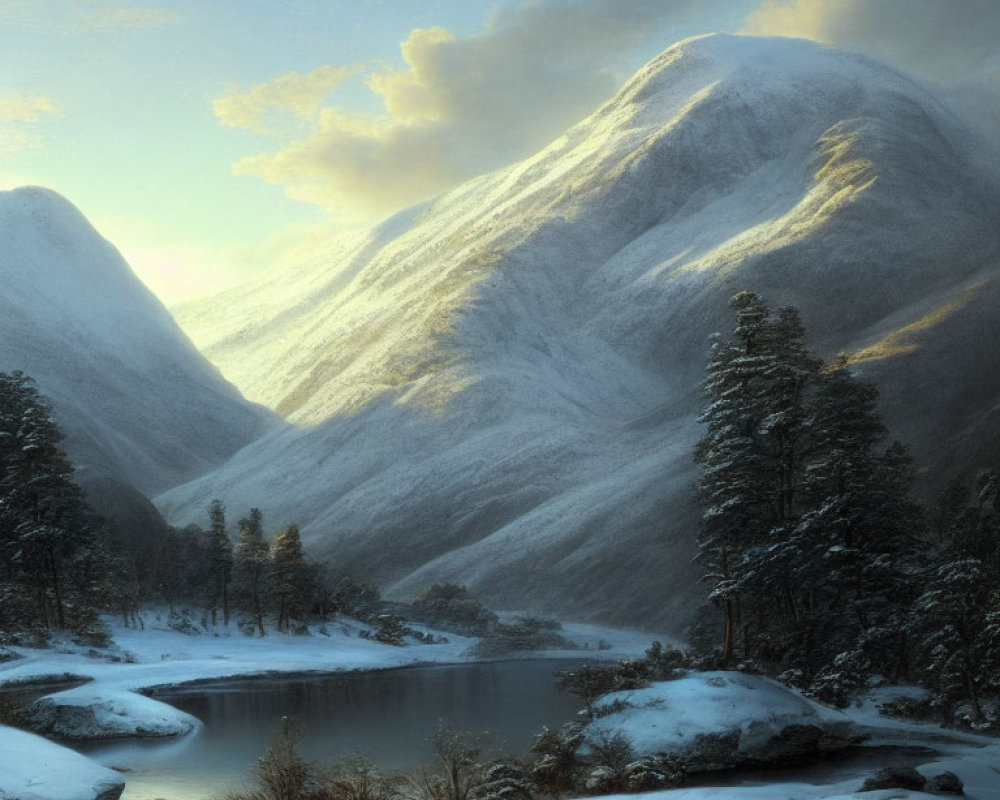 Snowy Mountain Landscape with Lake and Sunlight Glow