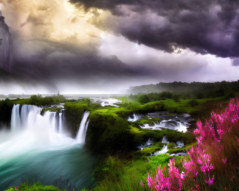 Scenic landscape with waterfall, greenery, flowers, and dramatic sky