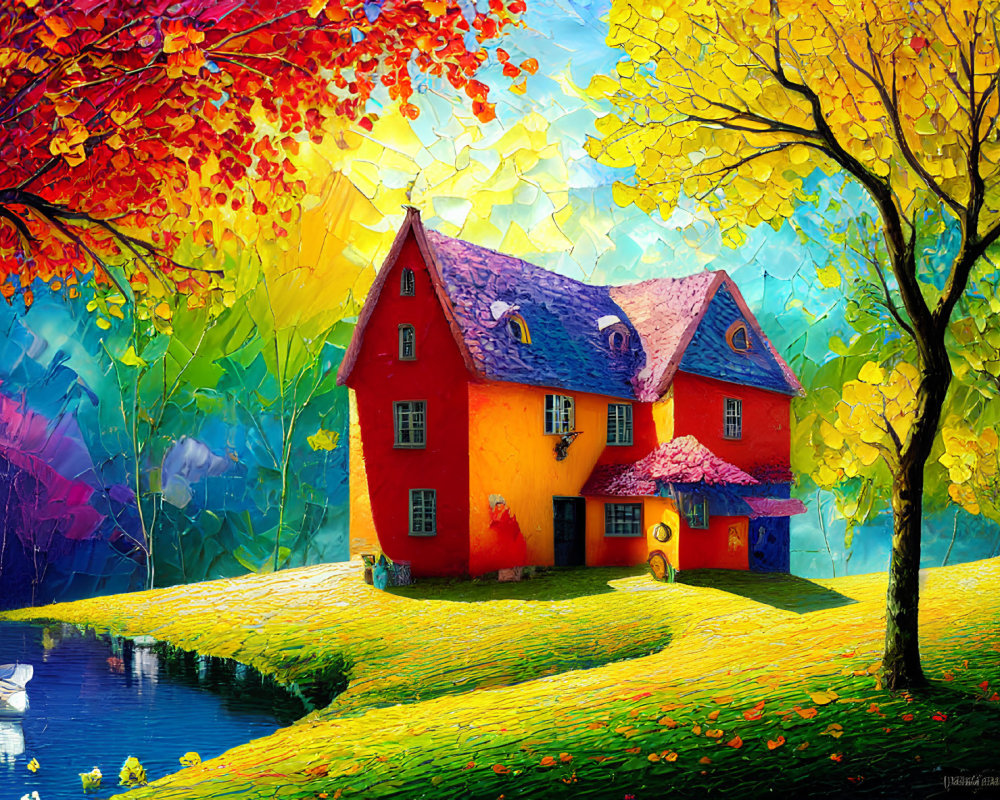 Colorful autumn scene: red house, blue roof, swan, lake & trees