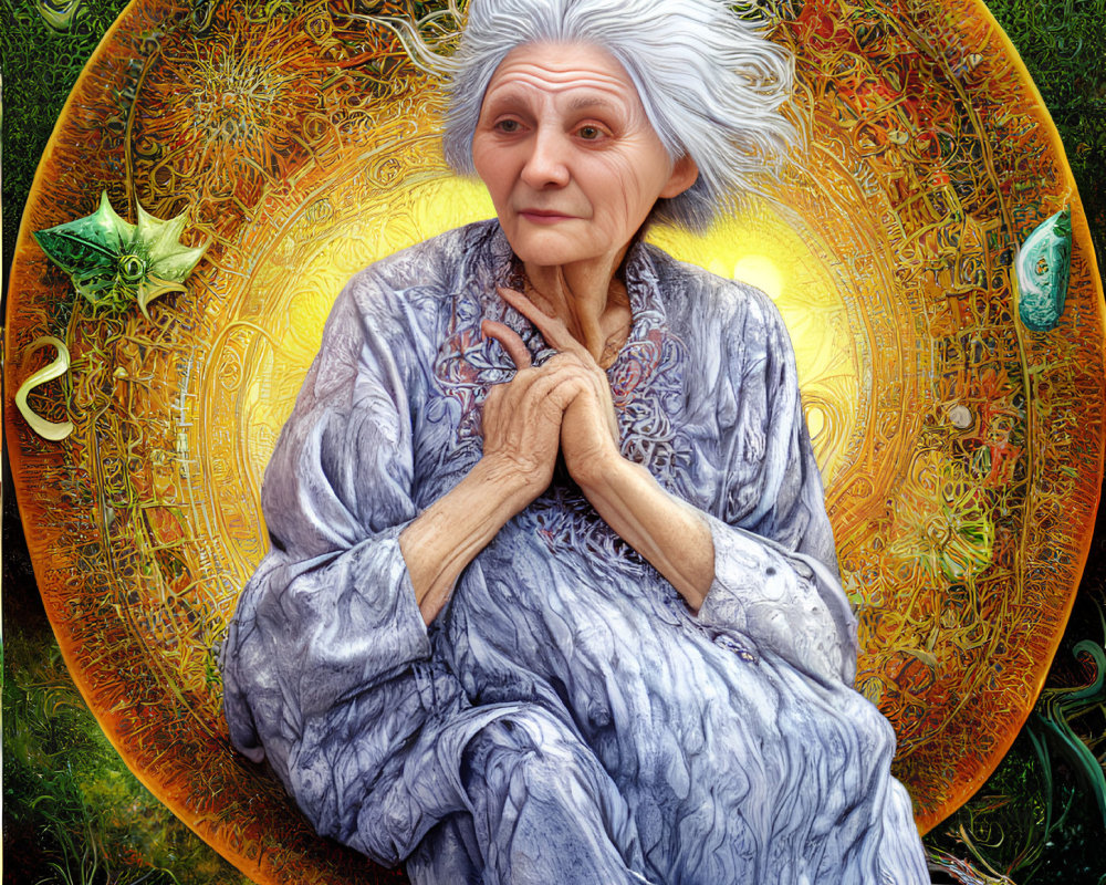 Elderly woman with white hair in vibrant circular mandala