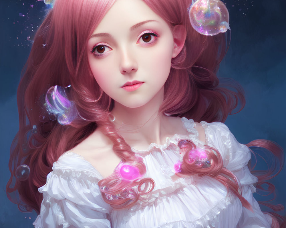 Person with Pink Hair and Glowing Bubbles in Fantasy Anime Style