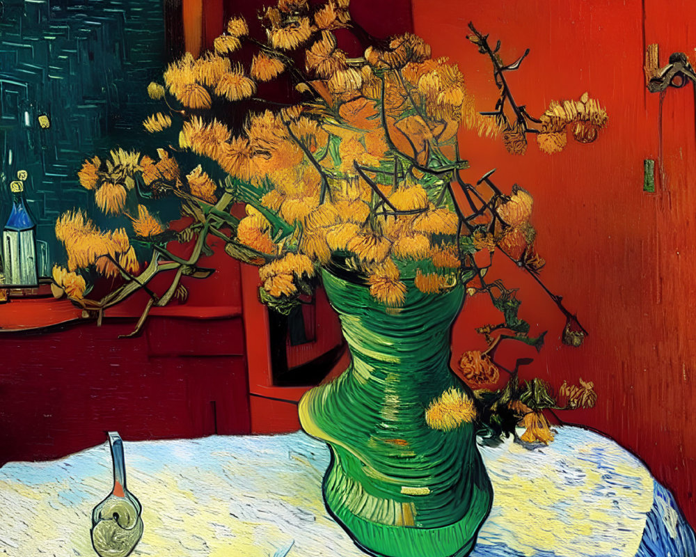 Colorful painting of yellow flowers in green vase on blue table with glass flask, set against red and