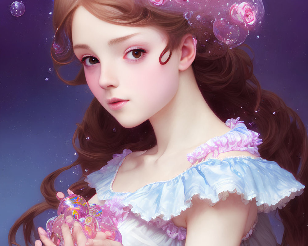 Illustration: Young Woman with Roses, Ethereal Bubbles, Glowing Heart, Purple Background