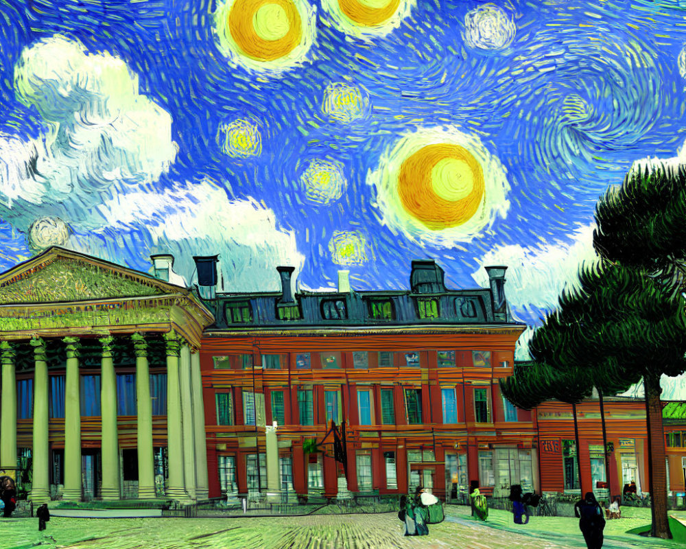 Stylized image of classic building with pillars under Van Gogh-inspired starry sky