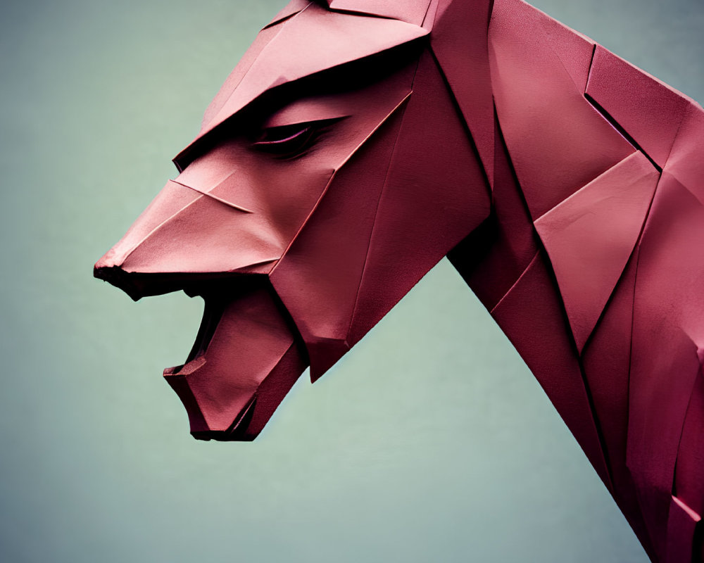 Red Wolf Head Sculpture with Geometric Origami Design on Blue Gradient Background