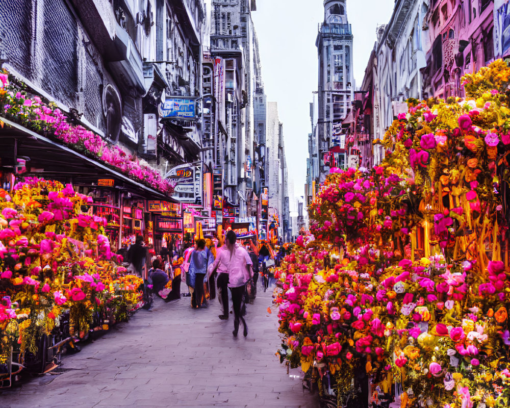 Vibrant Pink and Yellow Flowers on Bustling Street