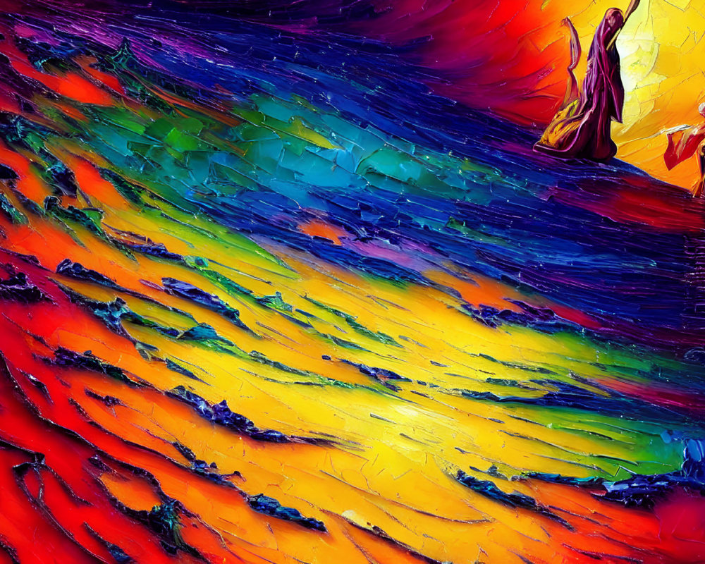 Colorful abstract painting featuring humanoid figures in vibrant waves of red, yellow, blue, and purple.