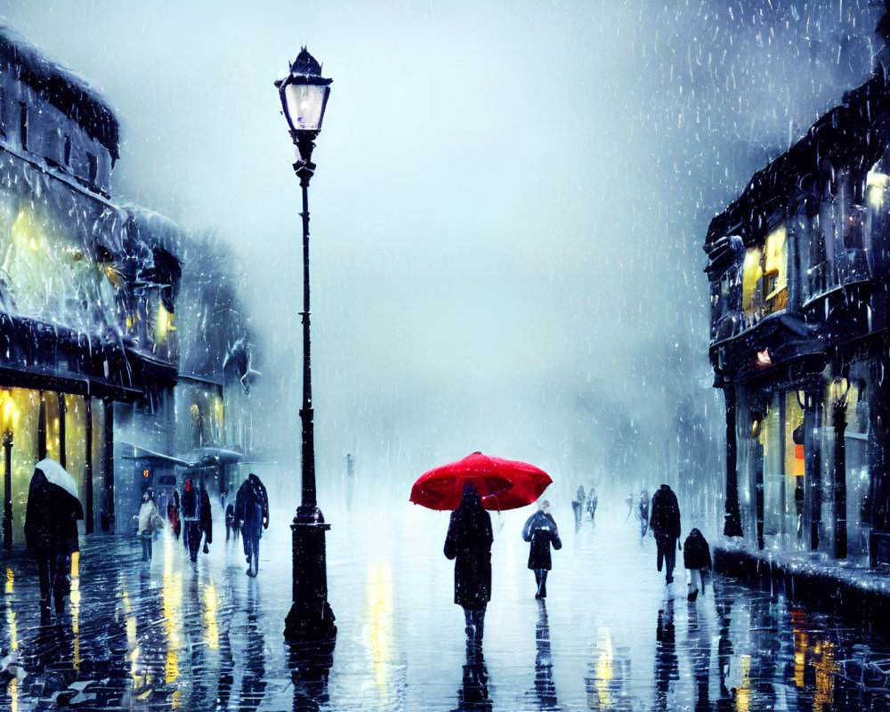 Person with Red Umbrella Walking on Rainy Cobblestone Street in Snowy City