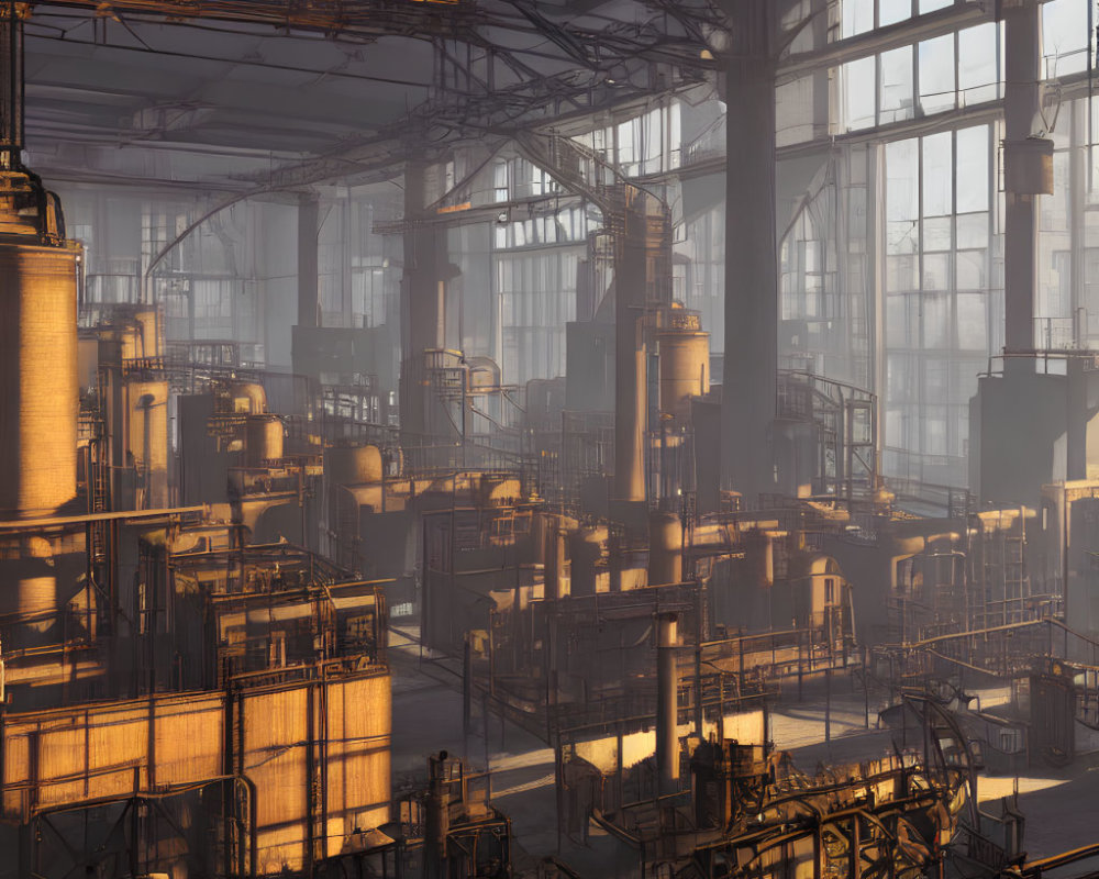 Steel structures, tanks, and pipelines in industrial interior with sunlight and shadows