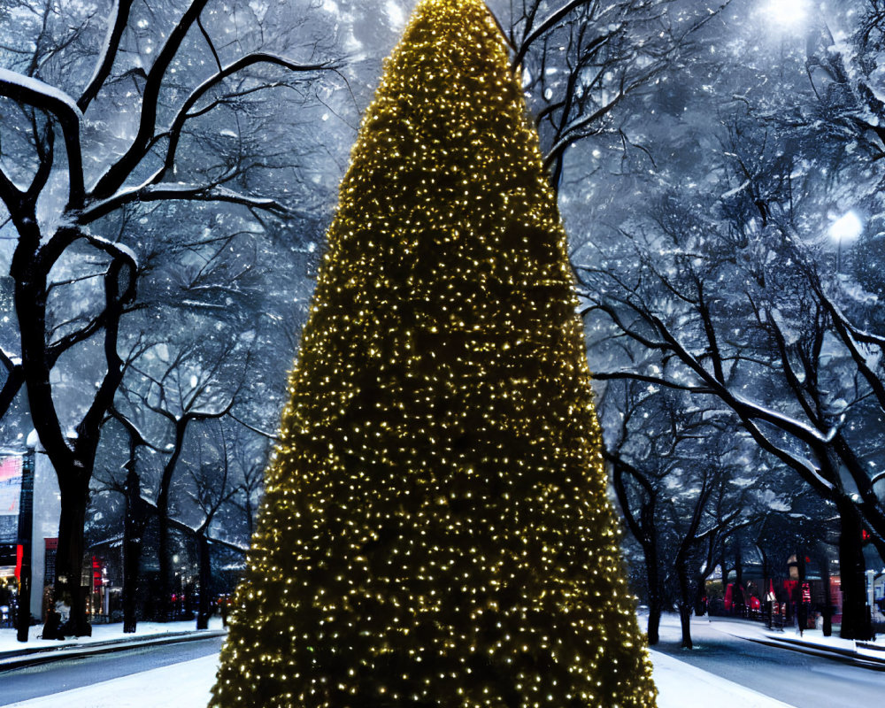 Illuminated Christmas tree on snowy street at night