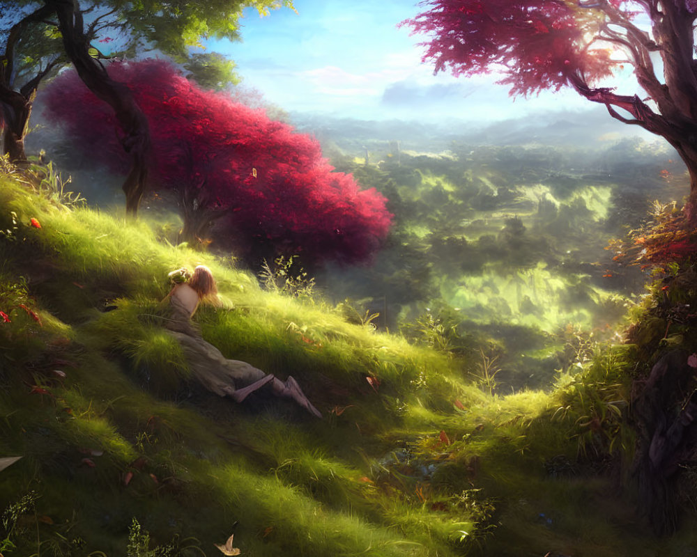 Serene fantasy landscape with woman in long dress and vibrant greenery