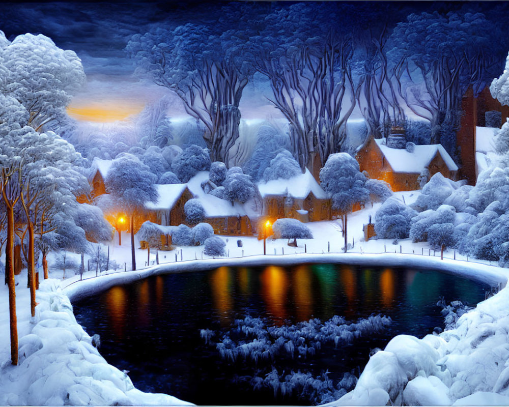 Snow-covered cottages by pond in serene winter twilight