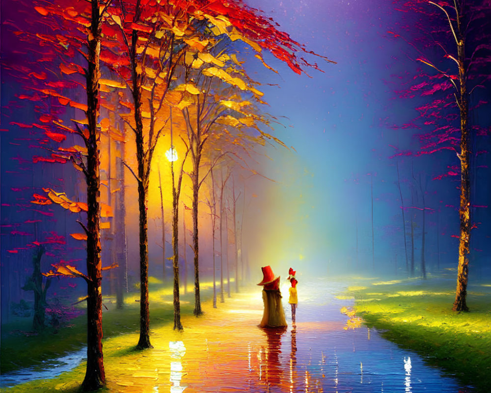 Vibrant painting of figures walking on rain-soaked path under twilight sky