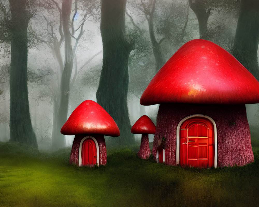 Foggy forest scene with vibrant red mushroom houses