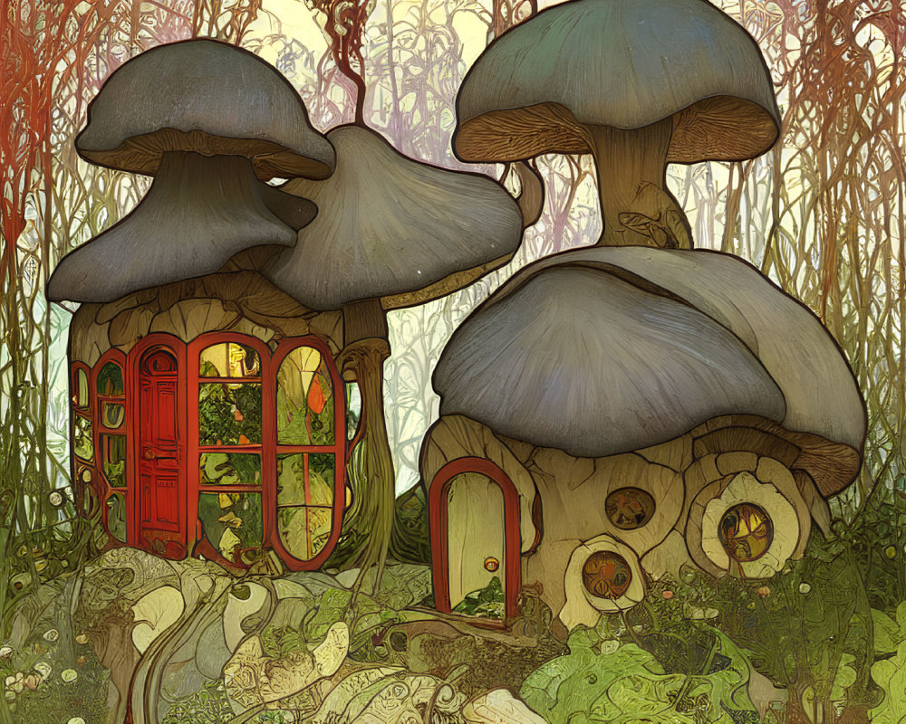 Fantasy scene: Two mushroom houses in colorful forest