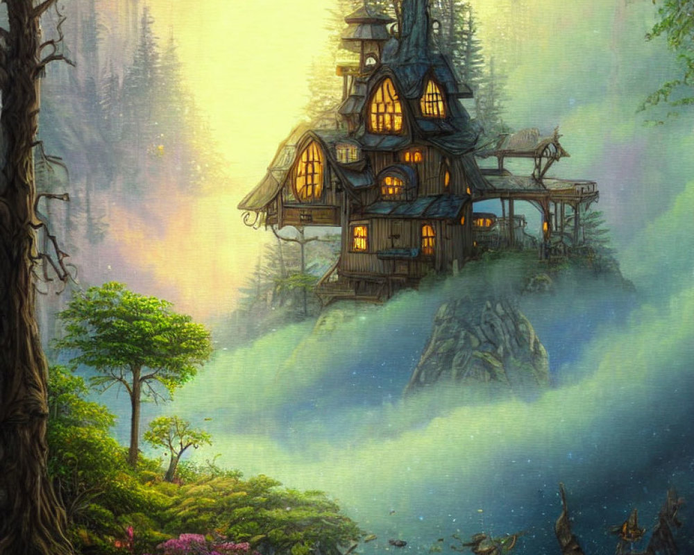 Glowing Treehouse in Misty Forest at Twilight