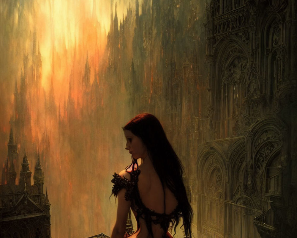 Red-haired woman in dark dress contemplates gothic cathedral and fiery sky