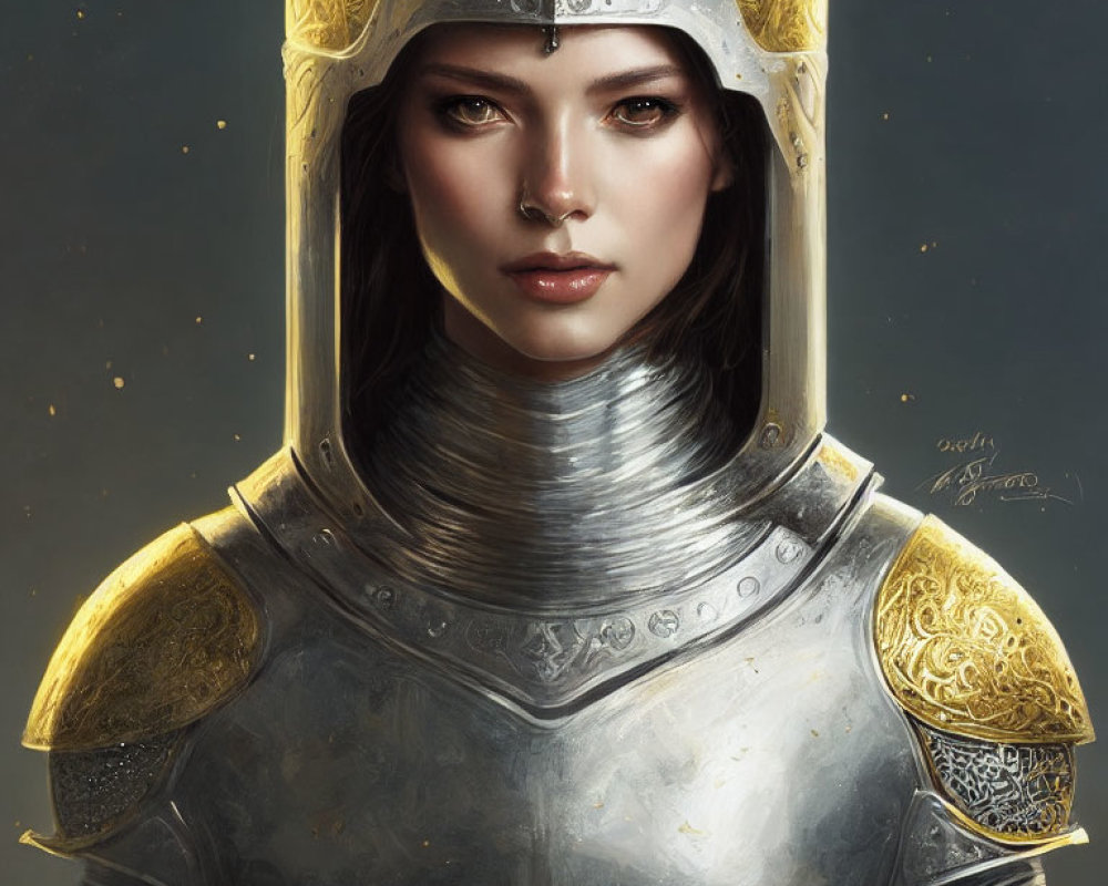 Detailed Medieval Helmet Woman with Golden Accents and Metal Armor