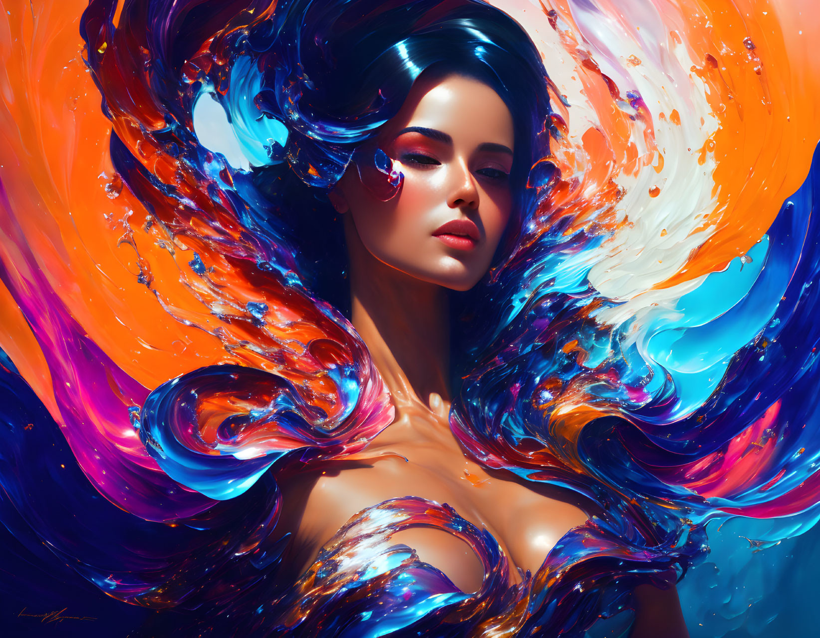 Vibrant digital artwork of woman with swirling colors