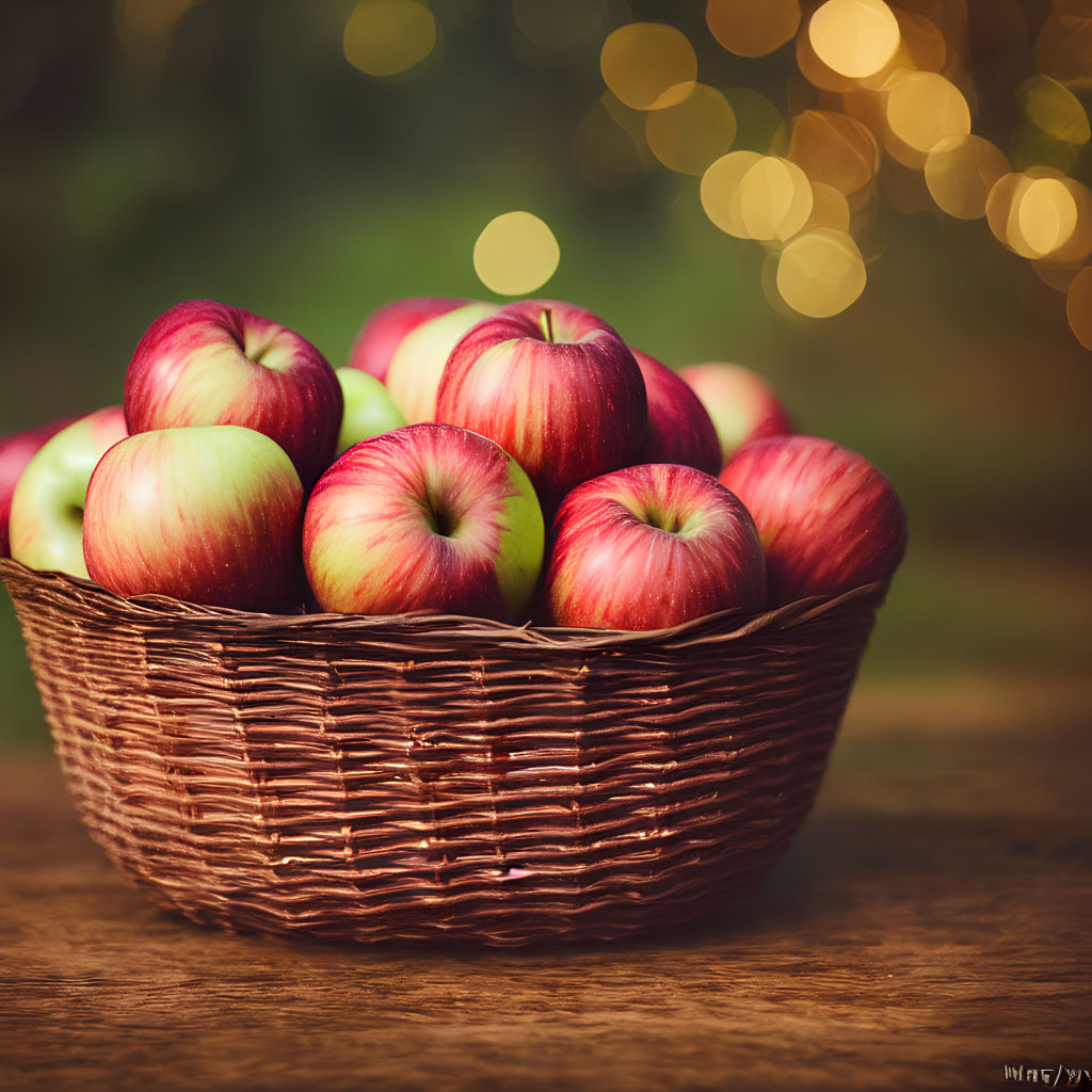 Basket of Red and Green Apples on Blurred Background with Warm Bokeh Lights