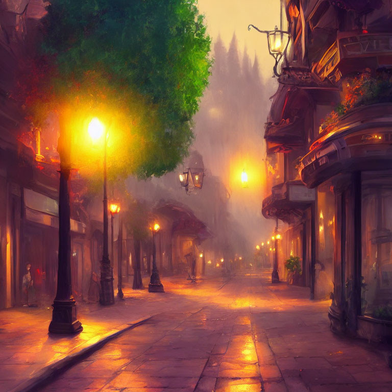 Vintage cobblestone street with glowing lamps at dusk