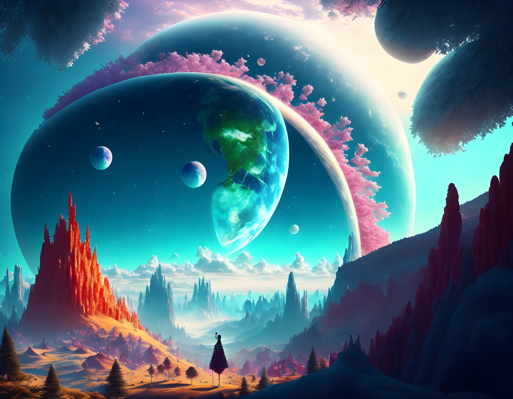 Person in surreal landscape with alien vegetation, moons, and planets.