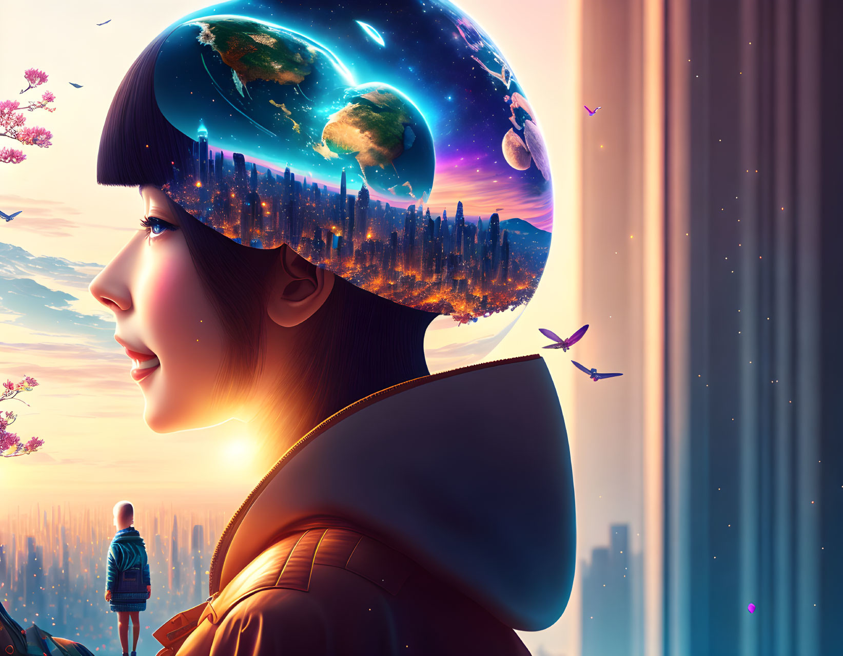 Digital artwork: Woman with cosmic head, stars, planets, cityscape, nature; person silhouette against