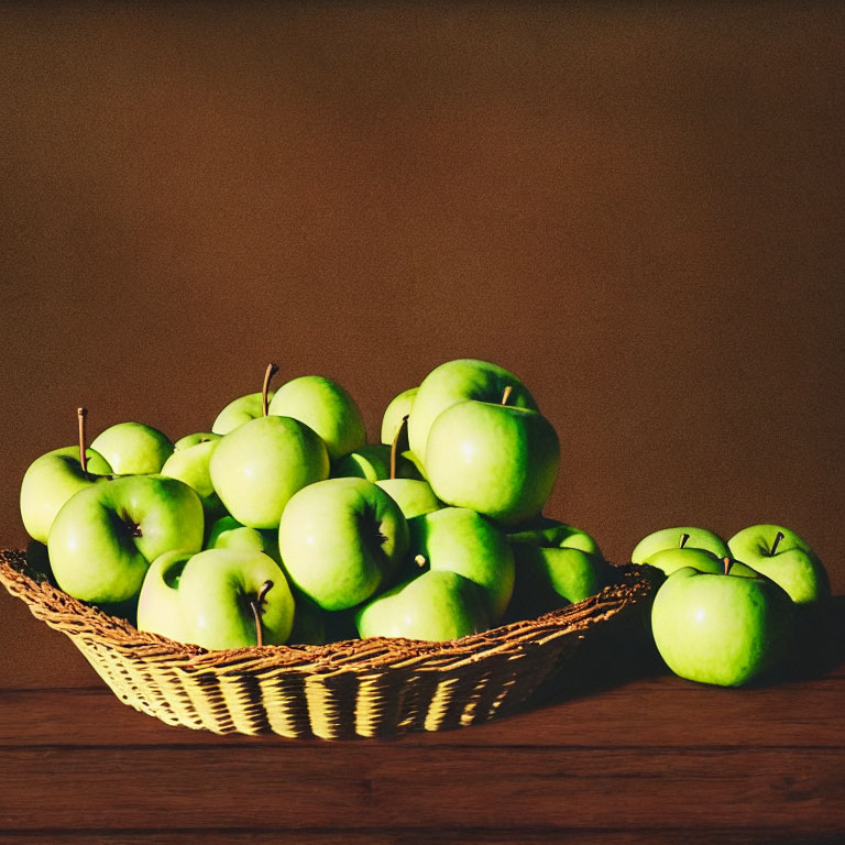 Ripe green apples in a basket on wooden table