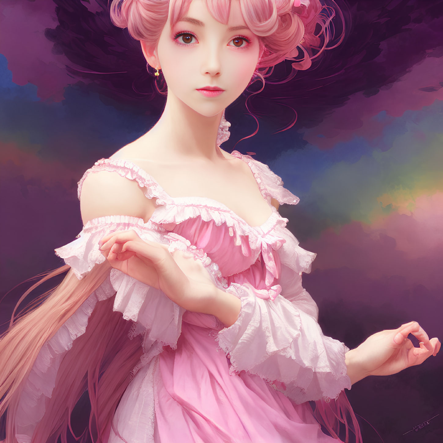 Whimsical woman with pink curly hair in ruffled dress on multicolored background