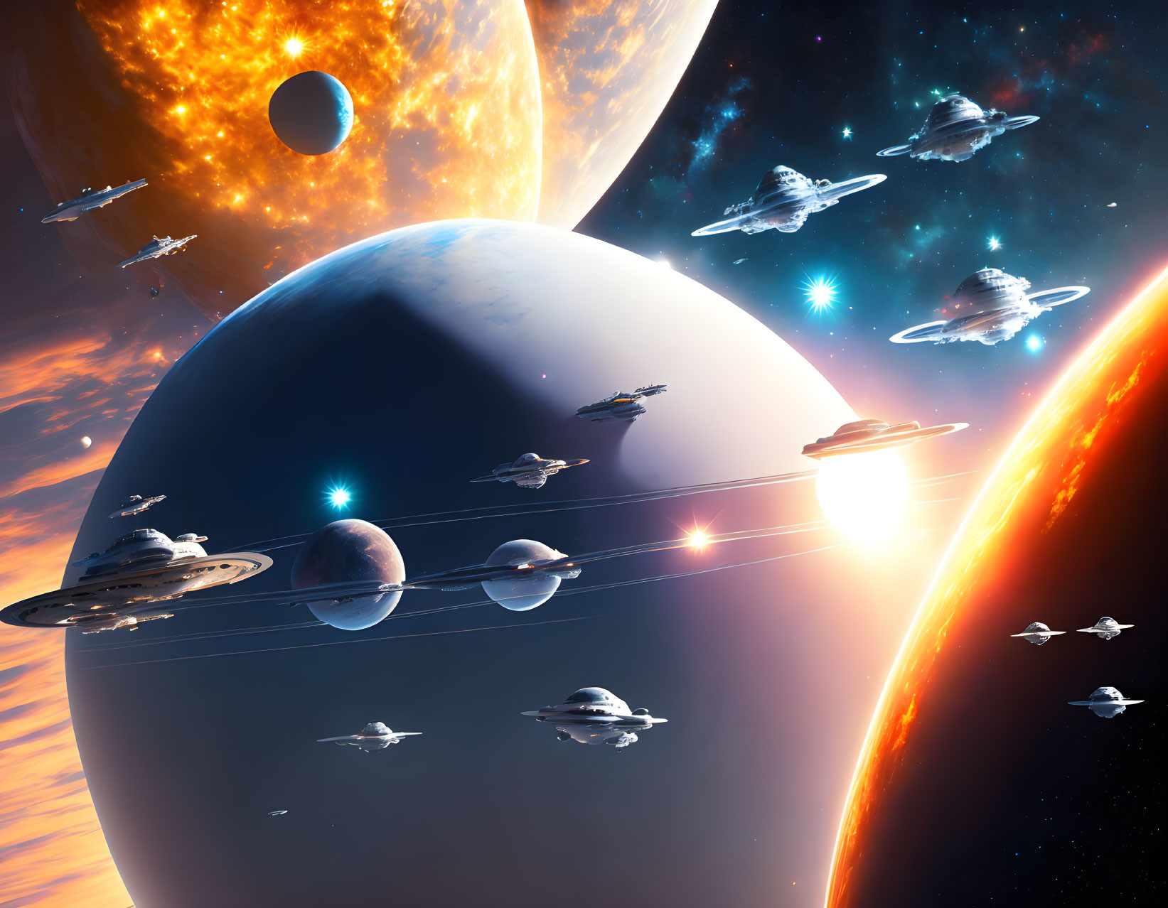 Colorful space scene with spaceships, planets, and fiery sun