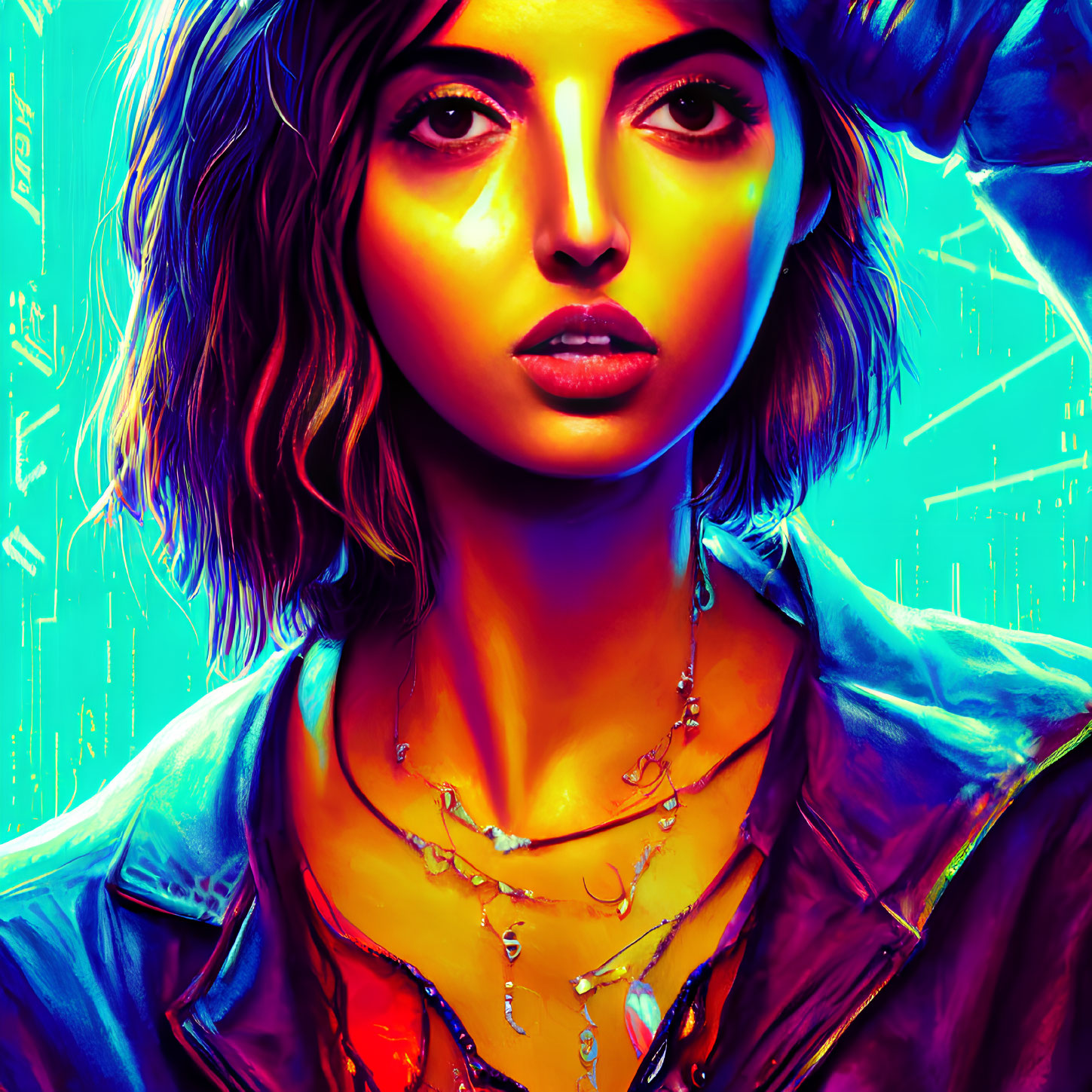 Portrait of woman with short hair and necklaces in neon cyberpunk setting