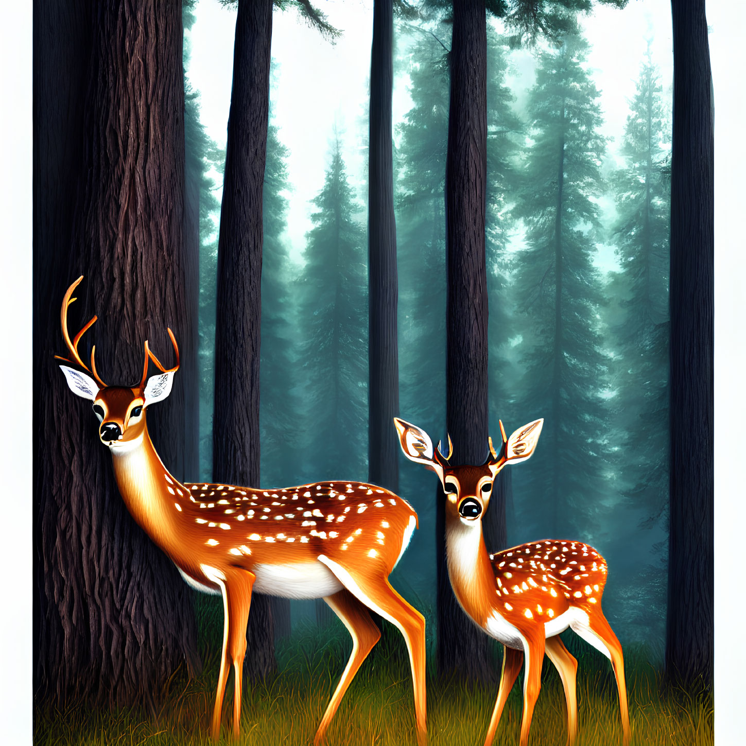 Stylized deer in misty forest with tall pine trees