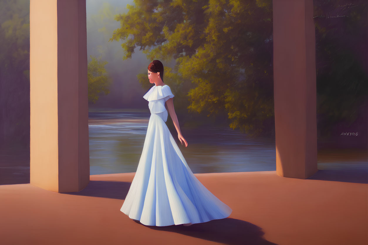 Woman in White Dress Contemplating River by Classical Pillars