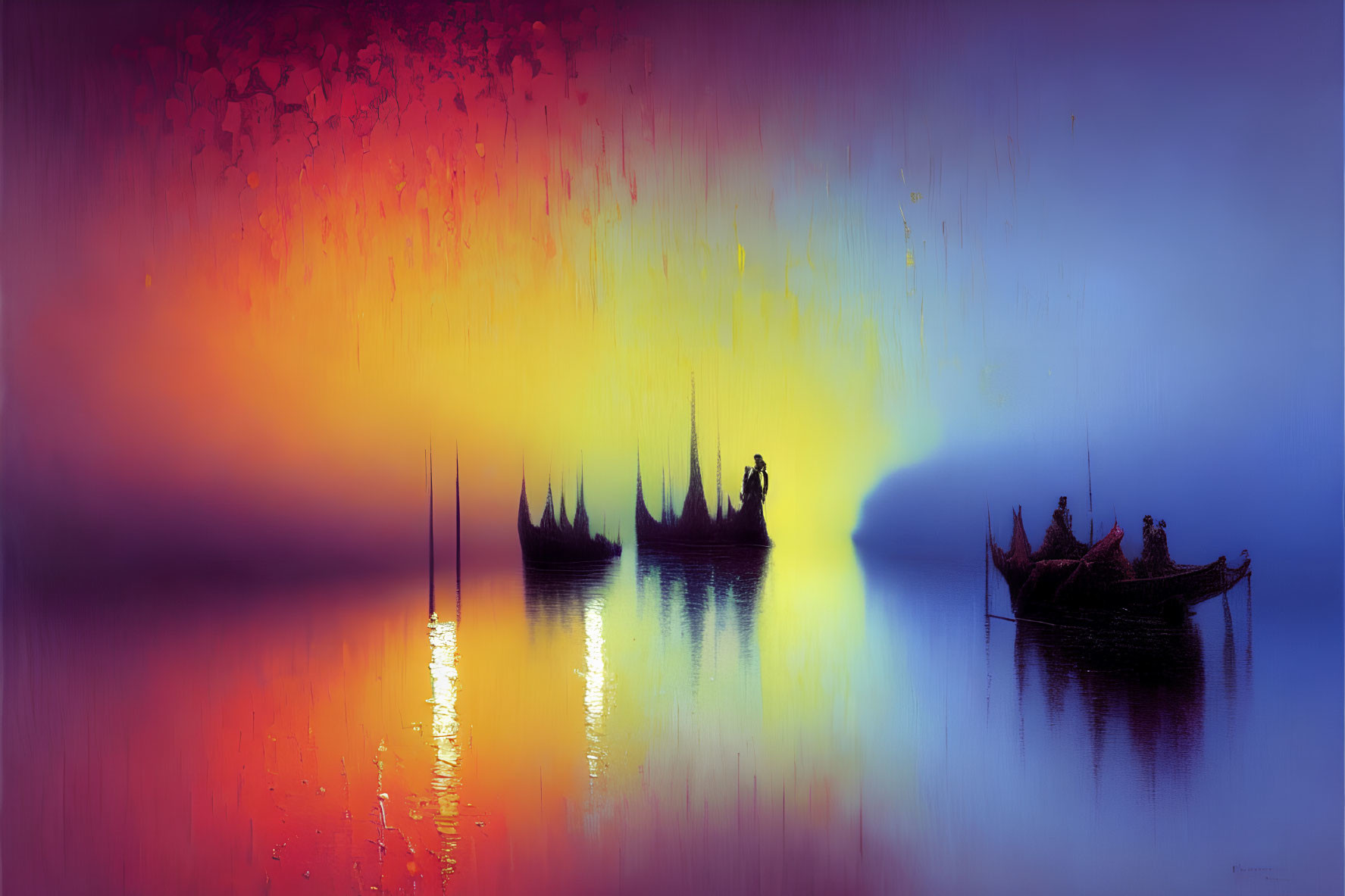 Colorful Silhouette of Boats with Passengers on Calm Water