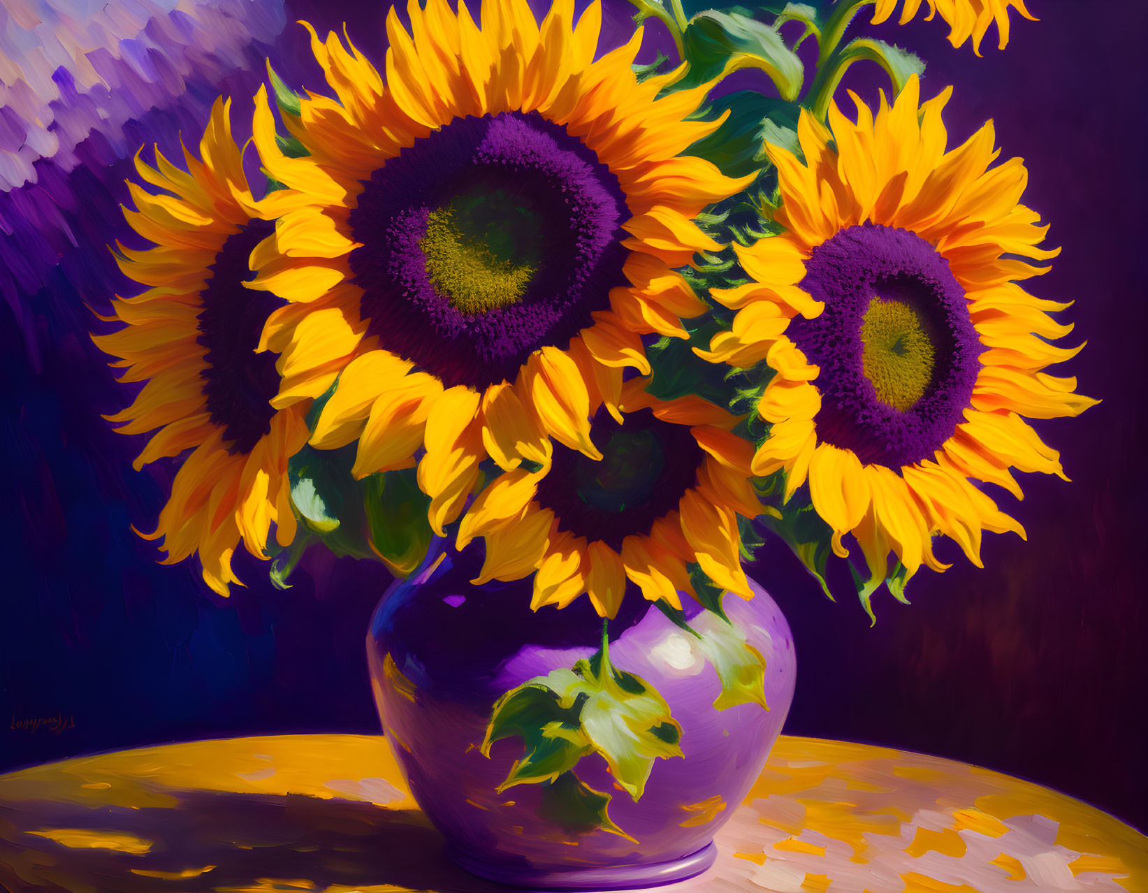 Colorful sunflowers in purple vase with light and shadow play, against abstract background