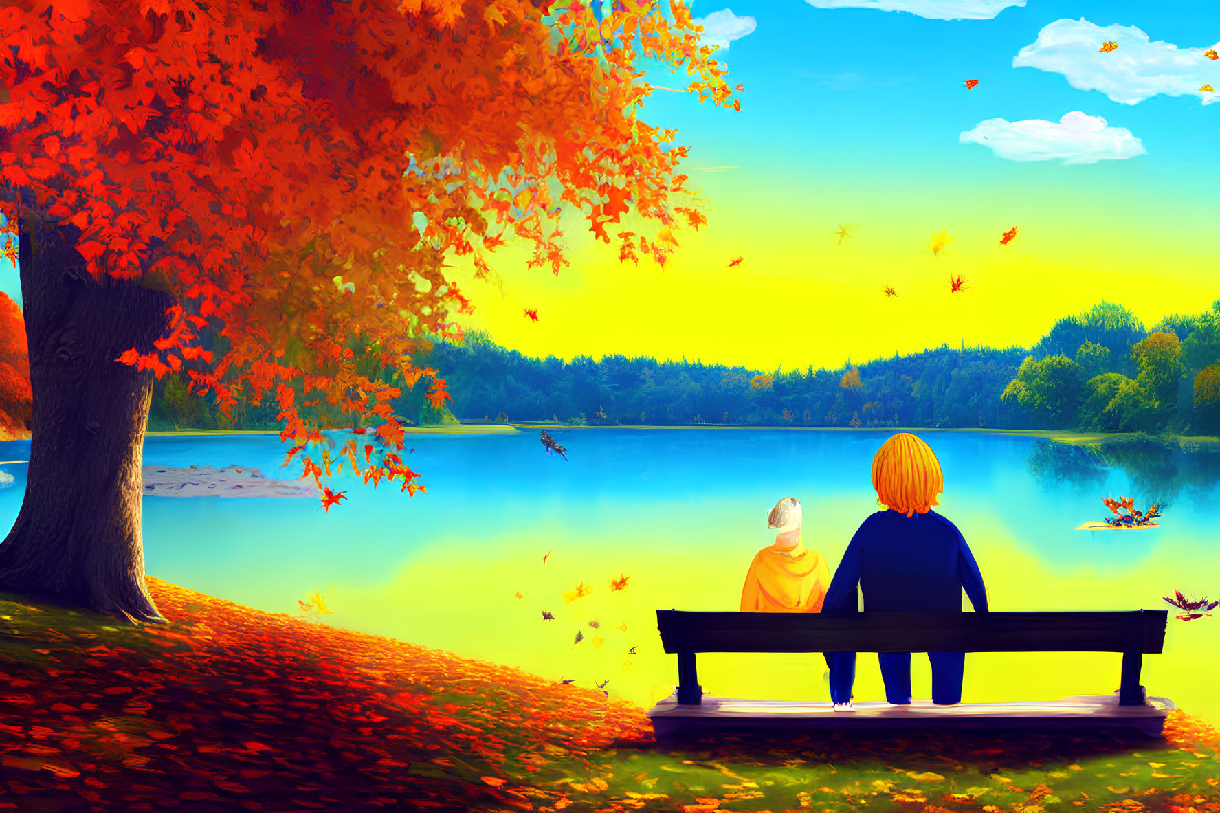 Two people on park bench by lake surrounded by fall foliage