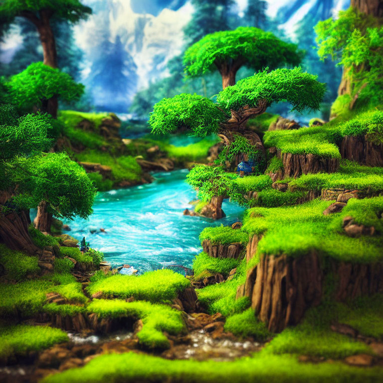 Vibrant fantasy forest with lush green trees, river, and waterfalls